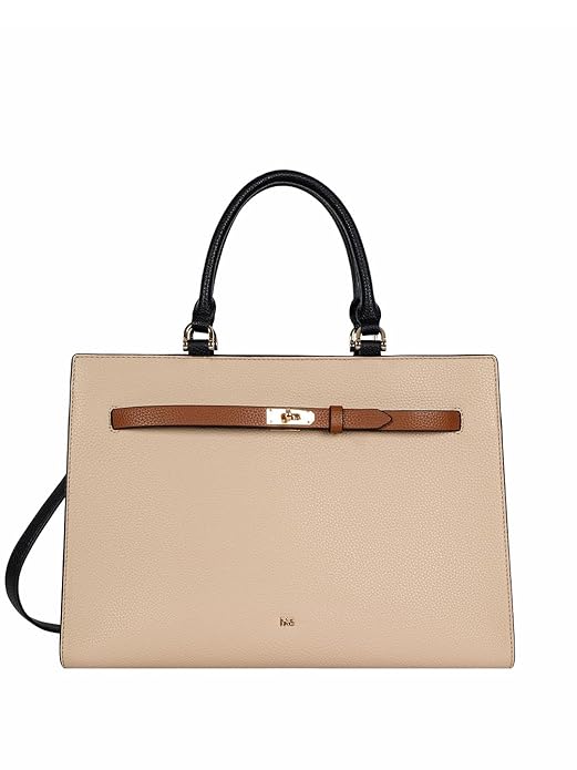 HIE Women Textured Tote Bag with Contrasting Leather Strap and Gold-Tone Buckle Dual Top Handles | Detachable Adjustable Crossbody Strap, Color Blocked Design for Work, Travel & Everyday.