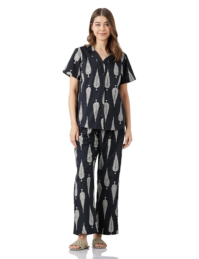 Amazon Brand - Myx Women Cotton Shirt and Relaxed Pajama Set | Night Suit Set (Available in Plus Sizes)