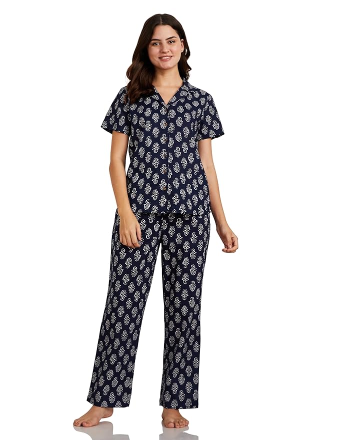 Amazon Brand - Myx Women Cotton Shirt and Relaxed Pajama Set | Night Suit Set (Available in Plus Sizes)