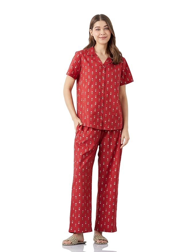 Amazon Brand - Myx Women Cotton Shirt and Relaxed Pajama Set | Night Suit Set (Available in Plus Sizes)