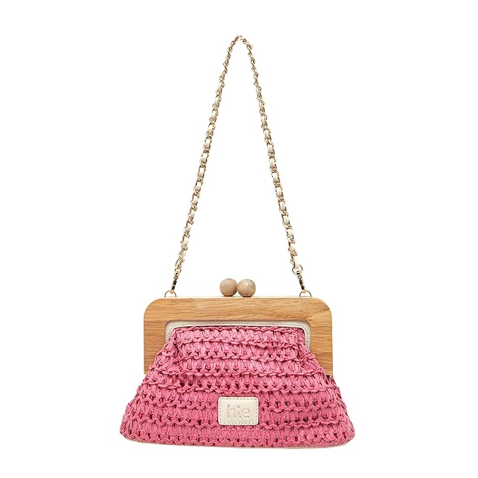HIE Women's Phoebe Shoulder Bag – Fashionable Straw Design, Magnetic Frame Closure, Detachable Metal Chain Handle, Vegan Leather Trims – Lightweight & Stylish for Daily Use and Travel.