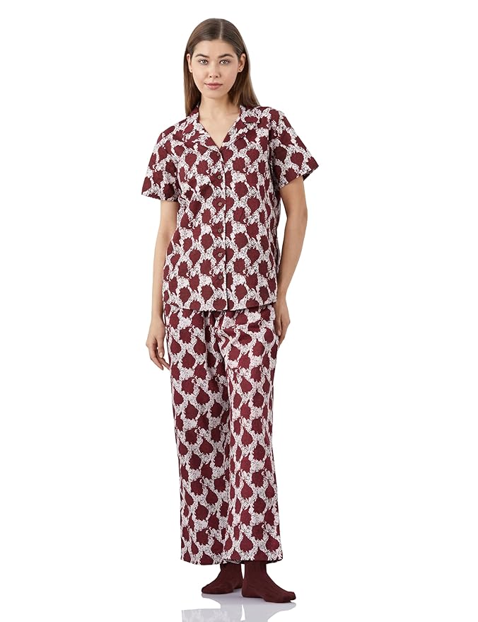 Amazon Brand - Myx Women Cotton Shirt and Relaxed Pajama Set | Night Suit Set (Available in Plus Sizes)