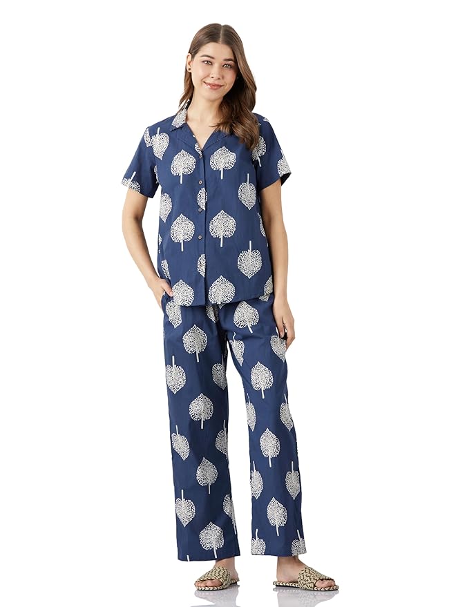 Amazon Brand - Myx Women Cotton Shirt and Relaxed Pajama Set | Night Suit Set (Available in Plus Sizes)