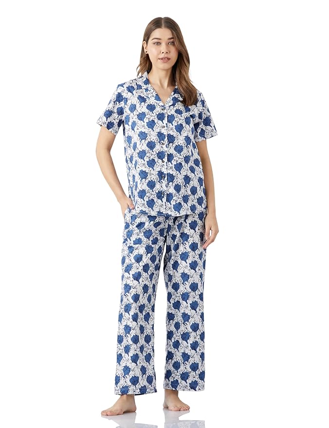 Amazon Brand - Myx Women Cotton Shirt and Relaxed Pajama Set | Night Suit Set (Available in Plus Sizes)