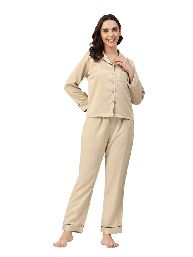 Amazon Brand - INKAST Women Full Sleeve Soft Satin Solid Night Suit Set | Comfortable Cozy Pajama Set | Casual Relax Fit Night Dress | Everyday Lounge Sleepwear for Women