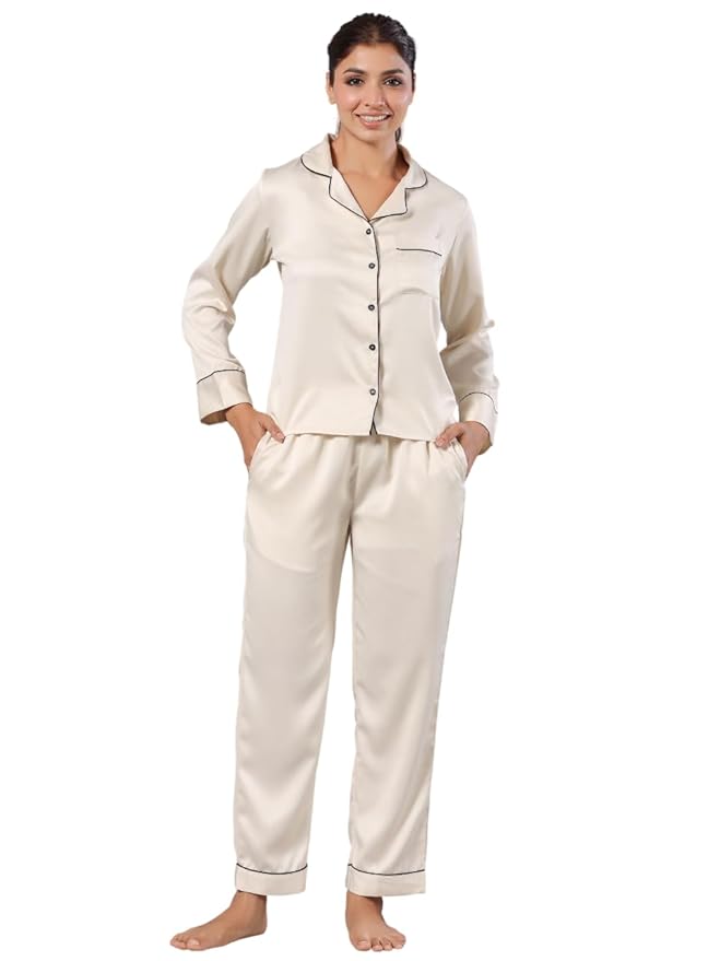 Amazon Brand - INKAST Women Full Sleeve Soft Satin Solid Night Suit Set | Comfortable Cozy Pajama Set | Casual Relax Fit Night Dress | Everyday Lounge Sleepwear for Women