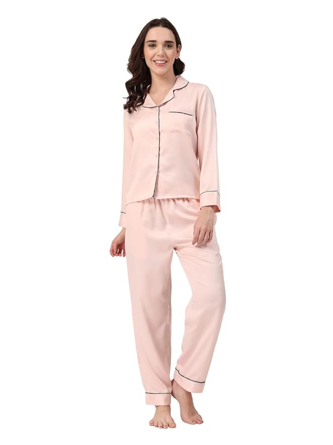 Amazon Brand - INKAST Women Full Sleeve Soft Satin Solid Night Suit Set | Comfortable Cozy Pajama Set | Casual Relax Fit Night Dress | Everyday Lounge Sleepwear for Women