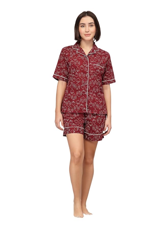 Amazon Brand - INKAST Women Half Sleeve Soft 100% Cotton Bird Print Night Suit Set | Comfortable Cozy Pajama Set | Casual Relax Fit Stylish Night Dress | Everyday Lounge Modern Sleepwear