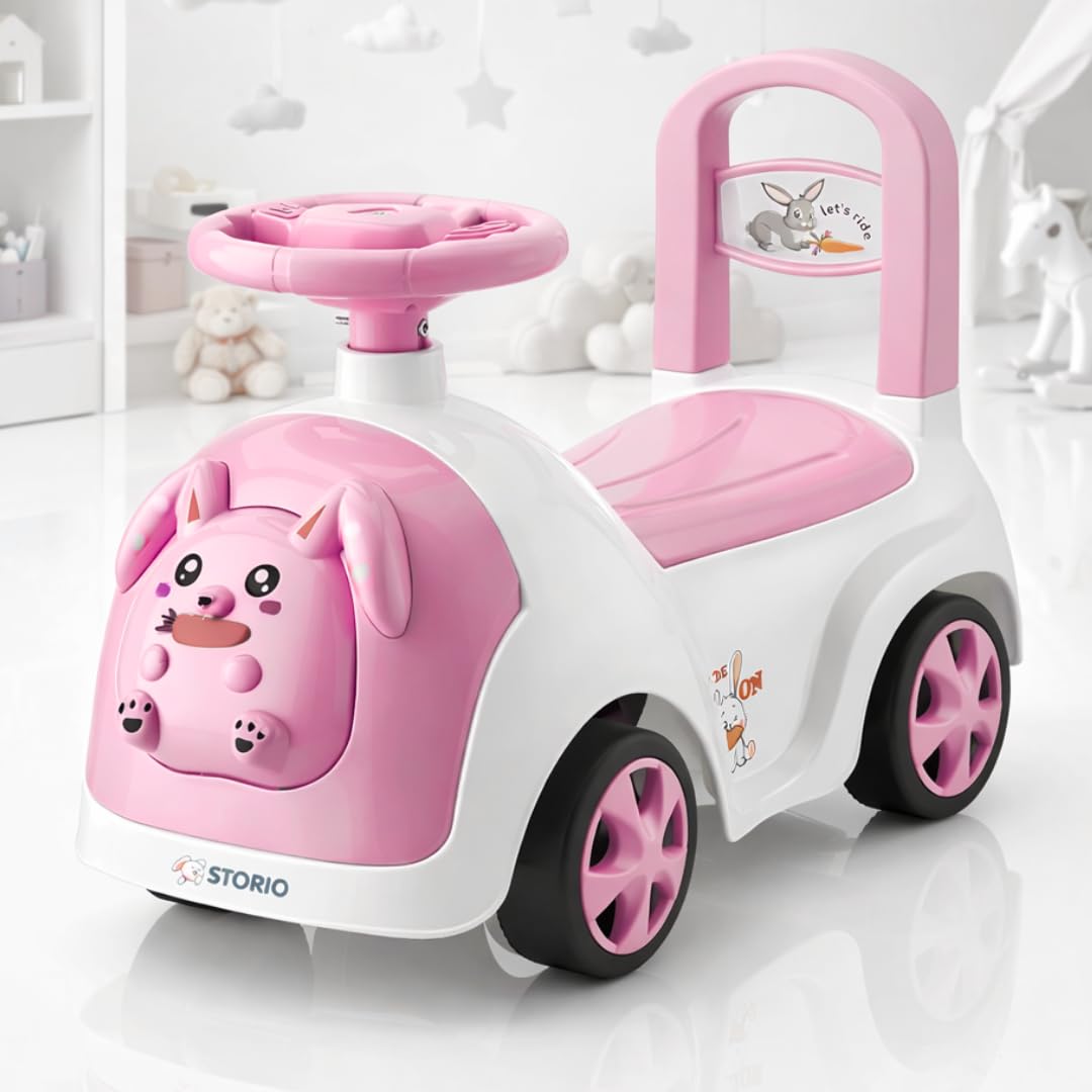 Storio Rabbit Baby Ride-On Car Toy | Non-Battery Push Car for Kids with Backrest & Steering Wheel | Baby Ride On Toy for Boys & Girls 1–3 Years | Pink