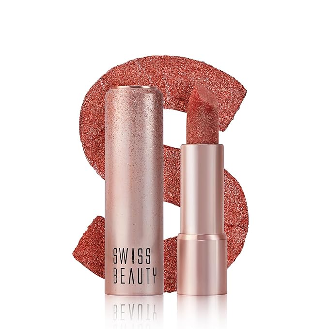 Swiss Beauty More Than Glitter Lipstick | Glittery Finish | Nourishing | With Vitamin C | One Swipe Smooth Glide | Shade- 3 Glimmer Coral, 3gm