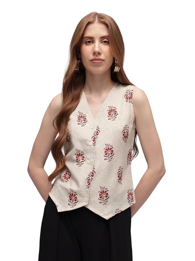 Amazon Brand - INKAST Women Floral Printed Button Down V-Neck Tunic Top|Sleeveless|Ethnic Crop Top