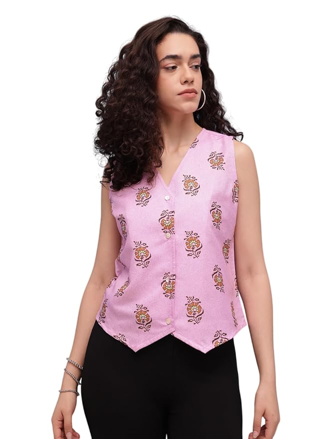 Amazon Brand - INKAST Women Floral Printed Button Down V-Neck Tunic Top|Sleeveless|Ethnic Crop Top