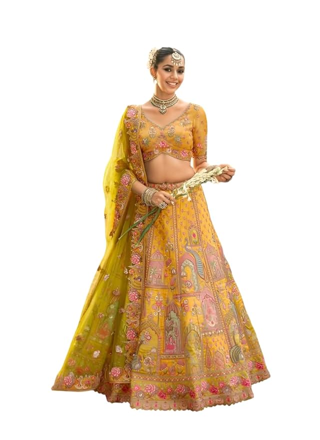 Designer Yellow Lehenga Choli Set with Floral Embroidery, Handcrafted Architectural Motifs