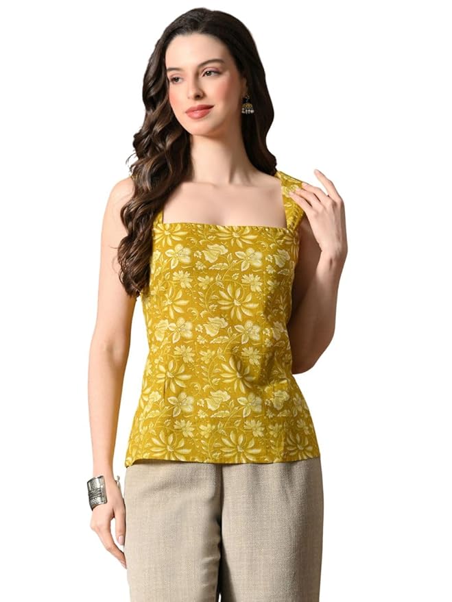Amazon Brand - Tavasya Women Floral Printed Short Kurti | Stylish Square Neck & Back Back Design with String Ties | Sleeveless Modern Top
