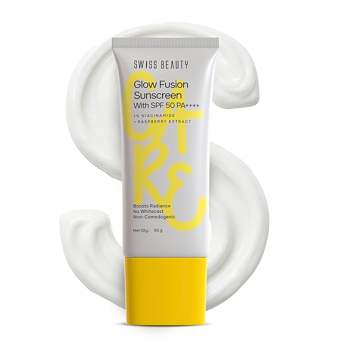 Swiss Beauty Care Glow Fusion Sunscreen SPF50 PA++++ | 1% Niacinamide & Raspberry Extract | Boosts Radiance | Fights Premature Signs Of Aging | 50gm