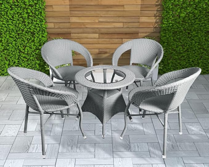 Amazon Brand - Solimo Rattan and Wicker 4 Seater Patio Seating Set | Outdoor Furniture 4 Chairs with 1 Glass Top Table | Coffee Table Set for Balcony, Garden, Terrace, Indoor, Outdoor Use (Grey)