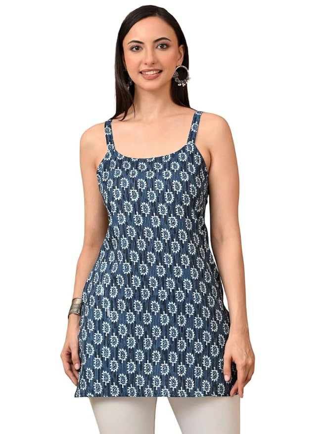 Amazon Brand - Tavasya Women Ethnic Printed Trendy Top | Sleeveless Short Kurti | Regular Fit