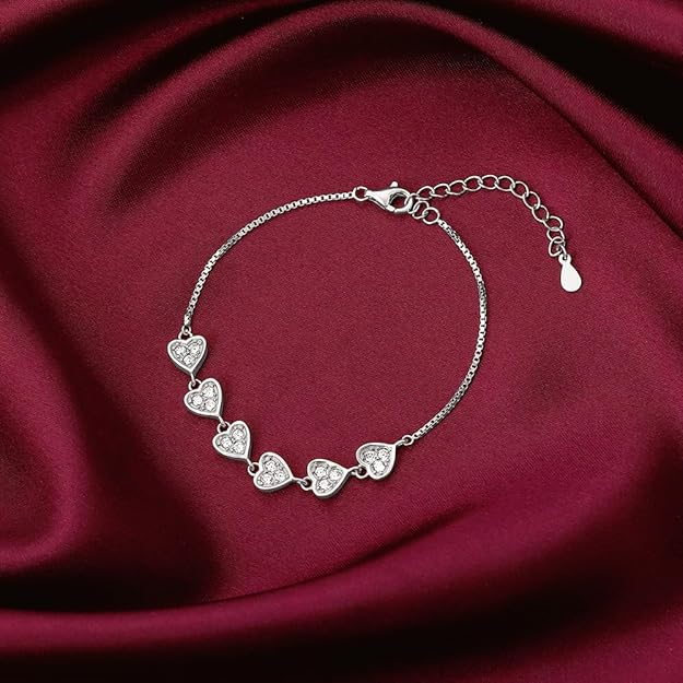 GIVA 925 Silver Zircon Heart String Bracelet, Adjustable | Gifts for Girlfriend, Gifts for Women & Girls| With Certificate of Authenticity and 925 Stamp | 6 Month Warranty*