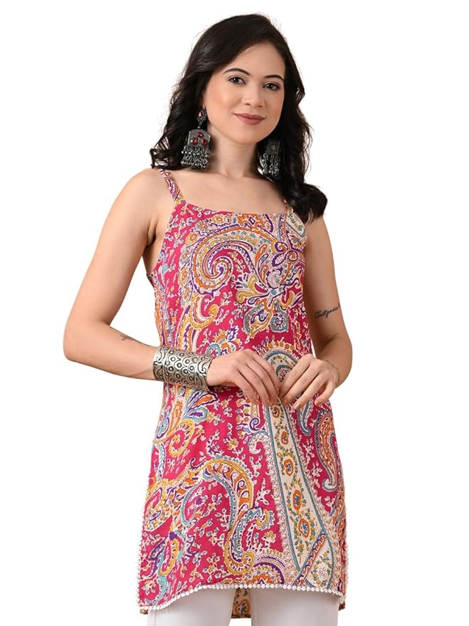 Amazon Brand - Tavasya Women Ethnic Printed Trendy Top | Sleeveless Short Kurti | Regular Fit