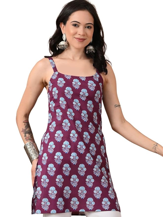 Amazon Brand - Tavasya Women Ethnic Printed Trendy Top | Sleeveless Short Kurti | Regular Fit