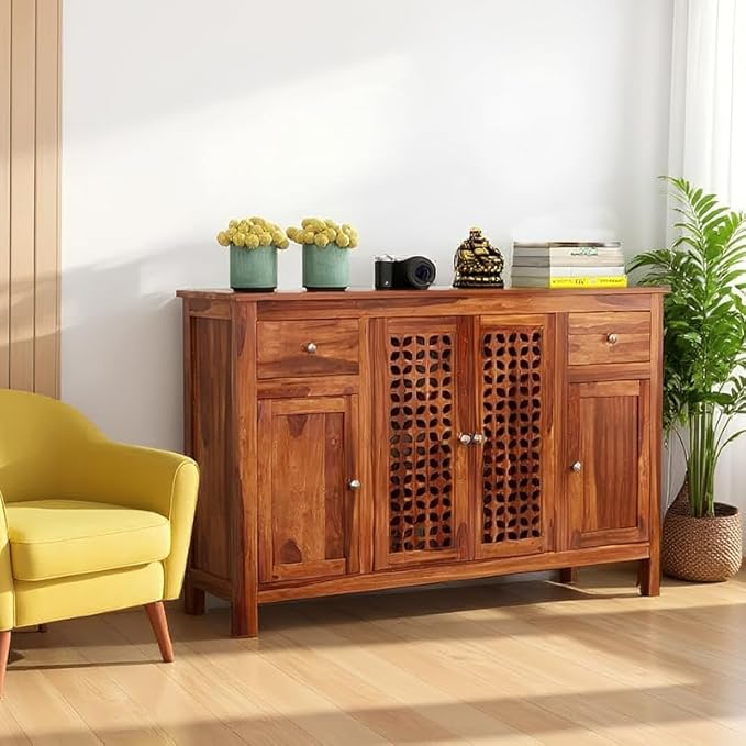 Amazon Brand - Solimo Solid Sheesham Wood Minza Sideboard Cabinet with 2 Drawers & 4 Doors | Multipurpose Storage Organizer for Crockery, Bedroom Living Room, Kitchen & Office Furniture (Honey Finish)