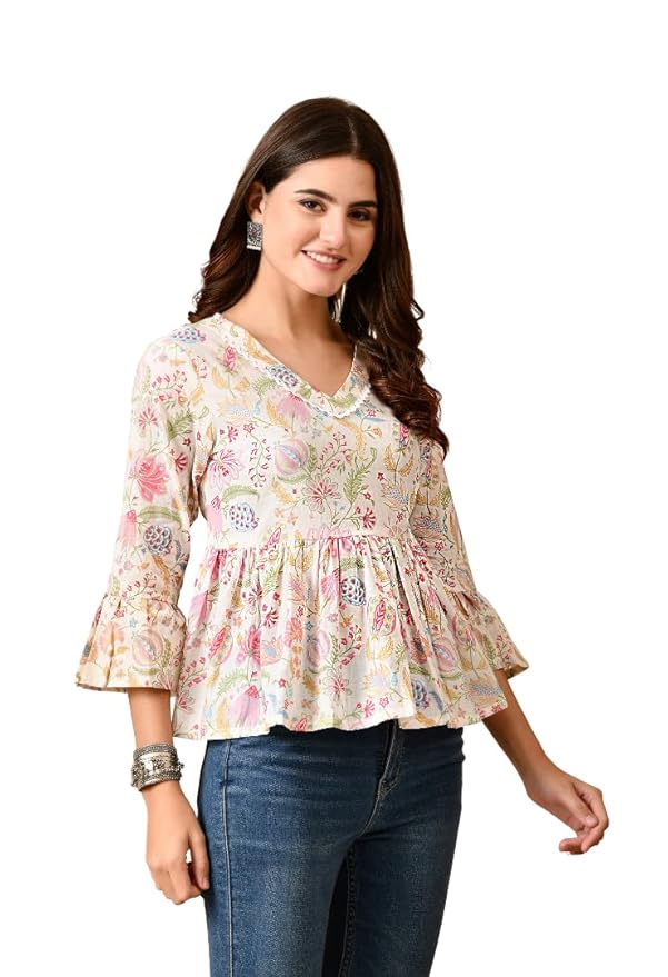 Amazon Brand - Tavasya Women Cotton Top | Printed Casual Wear | 3/4 Sleeve Lightweight Outfit for Daily and Relaxed Styling