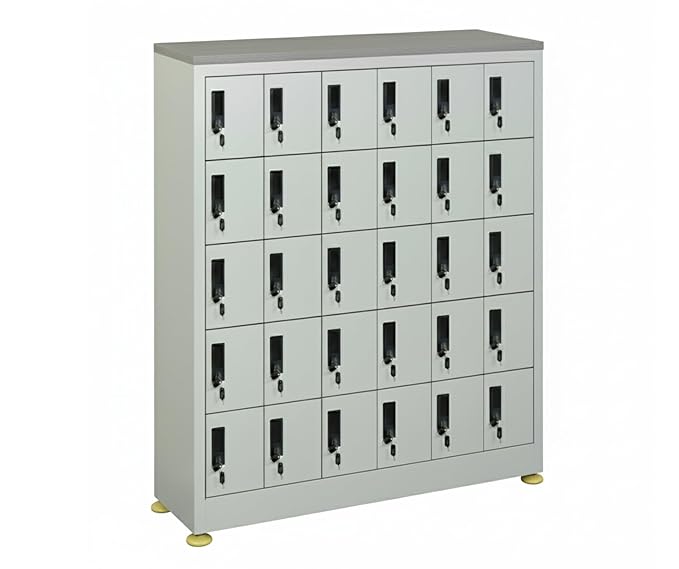 Amazon Brand - Solimo 30-Door Mobile Locker Cabinet Lockable Heavy-Duty Steel Cabinet Compartments for Phones Wallets & Valuables Ideal for Office, School, Gym, Warehouse (Grey)