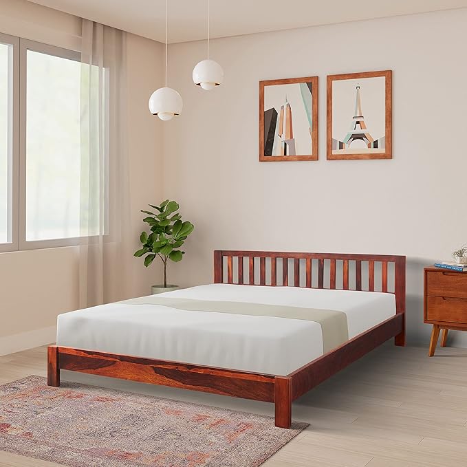 Amazon Brand - Solimo Mehraab Queen Size Solid Sheesham Wood Bed Without Storage (Honey Finish)