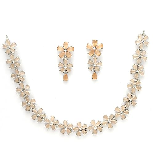 ZENEME Rhodium Plated Silver Toned White American Diamond Studded Flower Shaped Jewellery Set For Girls and Women