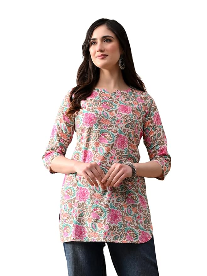 Amazon Brand - Tavasya Women Pure Cotton Katha Plain Short Kurti |Short Top| Solid Casual Tunic