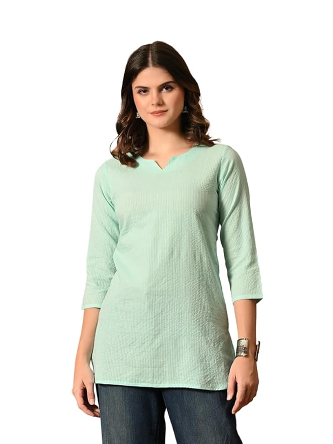 Amazon Brand - Tavasya Women Pure Cotton Katha Plain Short Kurti |Short Top| Solid Casual Tunic