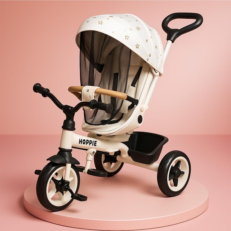 Hoppie Baby Tricycle for Kids (1–4 Years) | 4-in-1 Convertible Trike with Parental Control, Canopy, Safety Harness, EVA Wheels & Storage Basket | Adjustable Seat | White