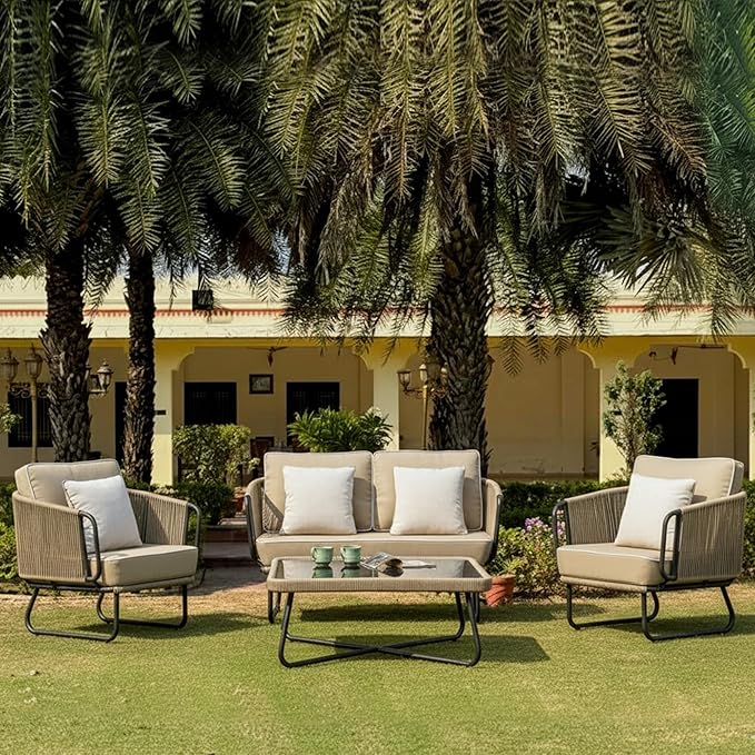 Amazon Brand - Solimo Harbor Outdoor Rope Sofa Set | Balcony Sofa | Patio Conversation Sets | Braided Rope Garden Sofa Set and Table (4 Seater-Beige & Cream)