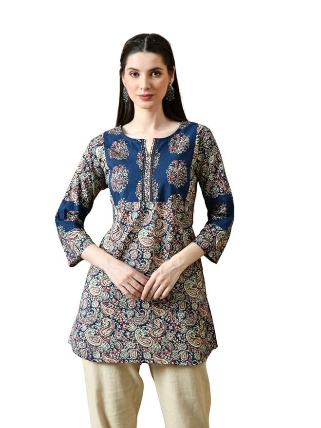 Amazon Brand - Tavasya Women Floral Printed Round Neck Kurta | Everyday Ethnic Wear | 3/4th Sleeve Top