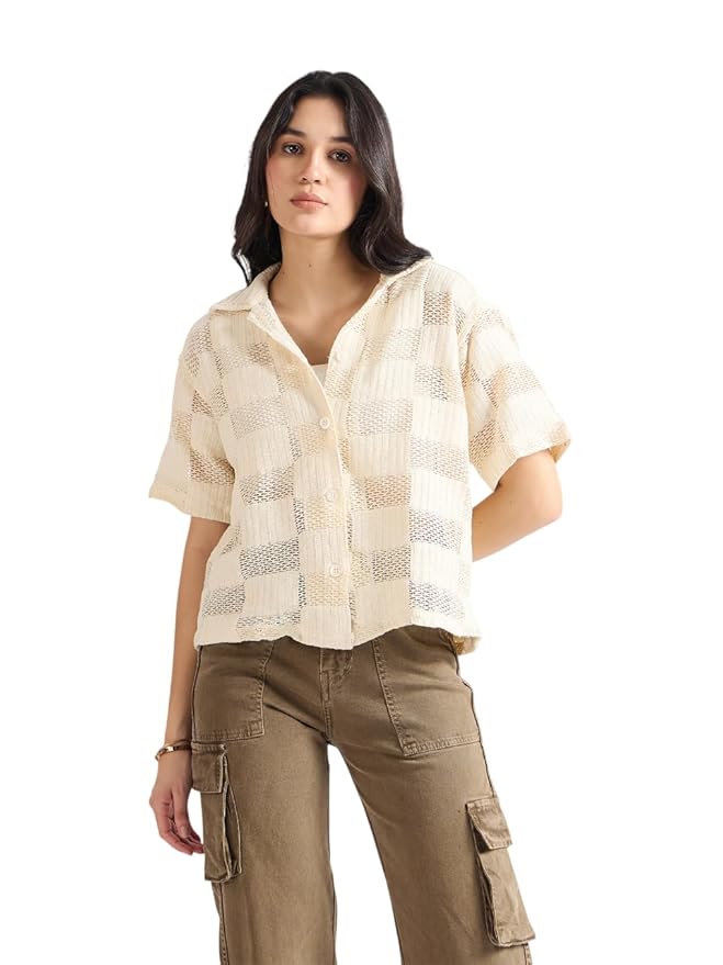 Amazon Brand - INKAST Women Crochet Textured Shirt | Everyday & Office Casual Wear | Regular Fit | Half Sleeve