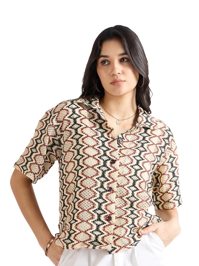 Amazon Brand - INKAST Women Crochet Textured Shirt | Everyday & Office Casual Wear | Regular Fit | Half Sleeve