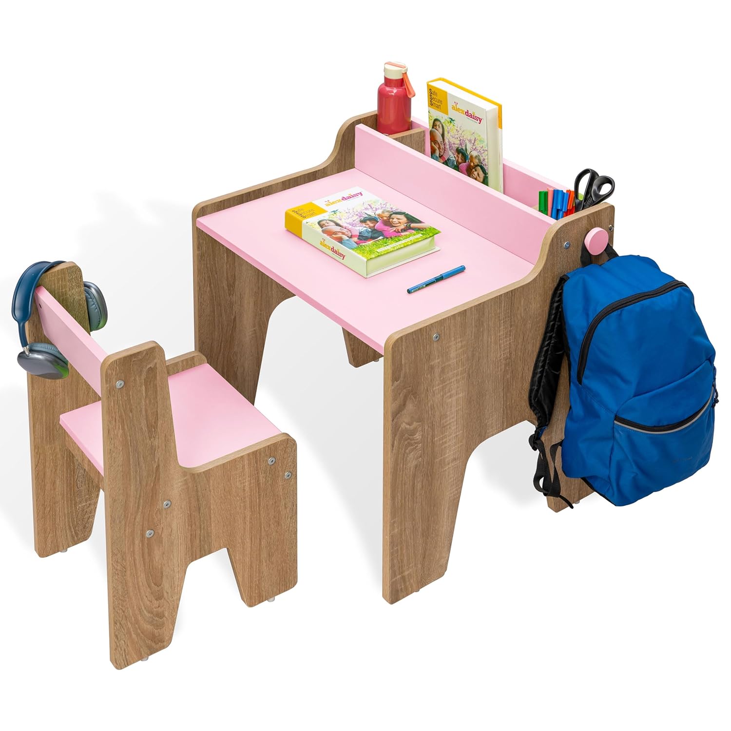 Alex Daisy Norway Kids Study Table & Chair Set for 3–12 Years | Non-Toxic Safe Material | Soft Coated Premium Finish | Engineered Wood Kids Study Desk with Storage & Bag Hook (Pink)