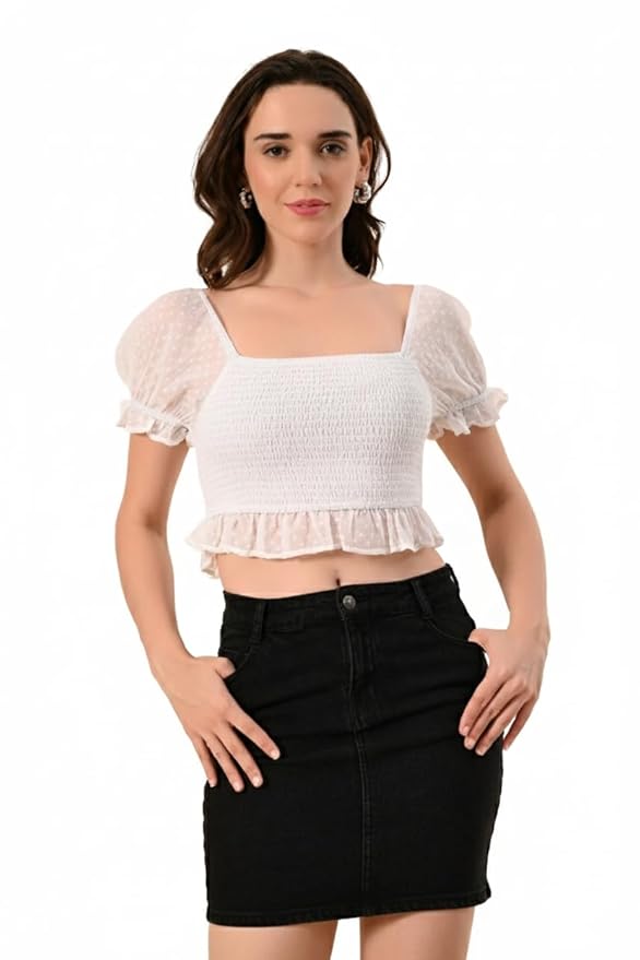 Amazon Brand - INKAST White Smocked Peplum Crop Top with Sheer Dotted Puff Sleeves, S