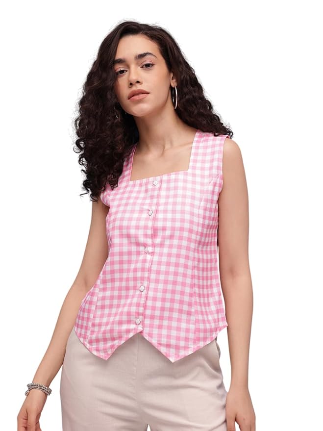 Amazon Brand - INKAST Women Square Neck Waistcoat Blouse with Pointed Hem|Casual Wear Top|Sleeveless Vest|