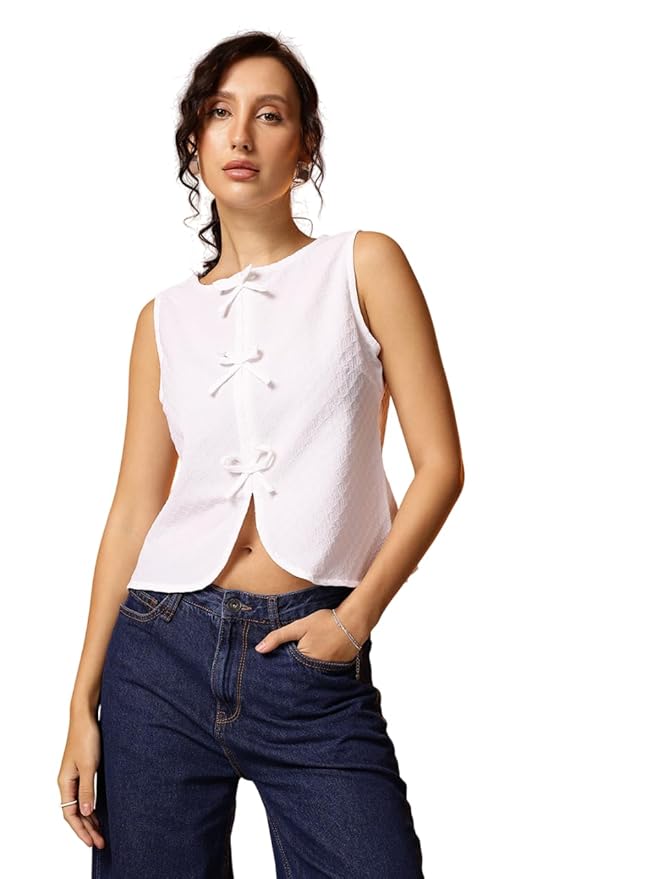 Amazon Brand - INKAST Women Textured Sleeveless Peplum Tunic Top|Round Neck Multi-Tie Front Blouse|Casual Wear|
