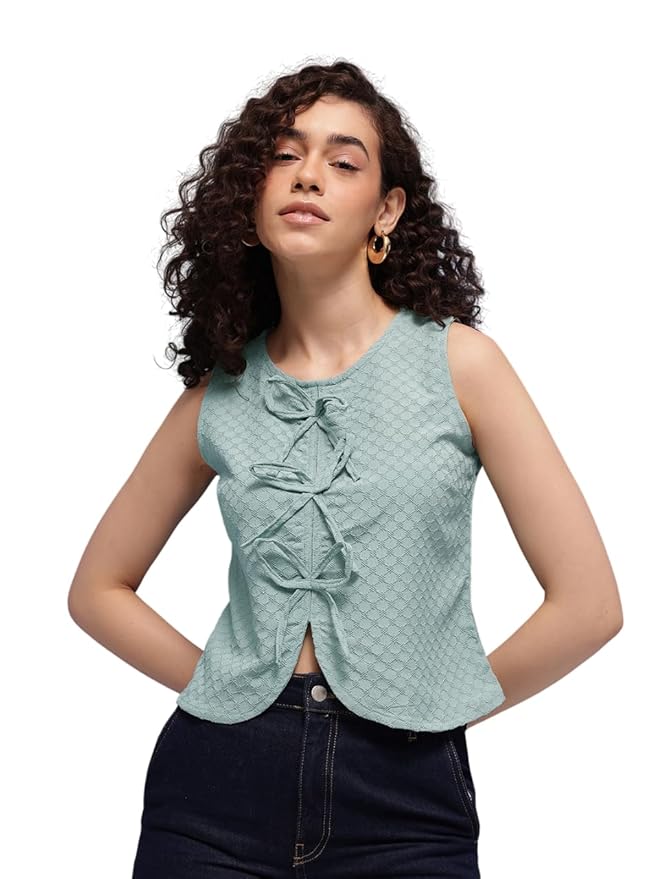 Amazon Brand - INKAST Women Textured Sleeveless Peplum Tunic Top|Round Neck Multi-Tie Front Blouse|Casual Wear|