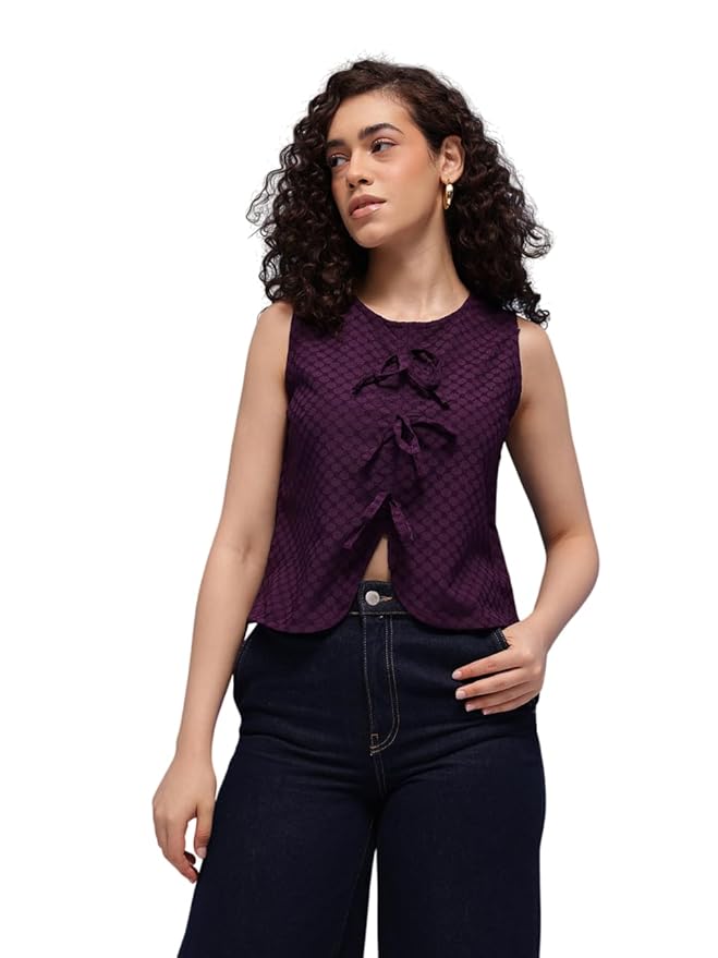 Amazon Brand - INKAST Women Textured Sleeveless Peplum Tunic Top|Round Neck Multi-Tie Front Blouse|Casual Wear|