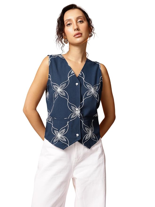 Amazon Brand - INKAST Women Floral Textured Sleeveless Button-Down Vest with Pockets|V-Neck Waistcoat Blouse|Pointed Hem|Tunic Top|