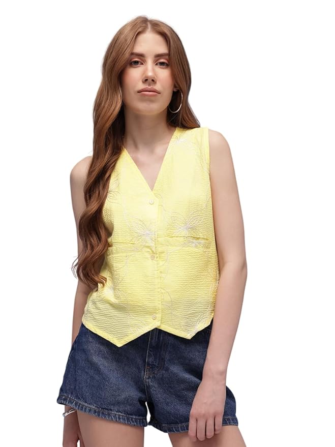 Amazon Brand - INKAST Women Floral Textured Sleeveless Button-Down Vest with Pockets|V-Neck Waistcoat Blouse|Pointed Hem|Tunic Top|