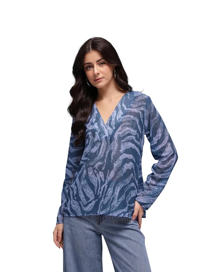 Amazon Brand - INKAST Women Leaf Print Full Sleeve V-Neck Tunic Top|