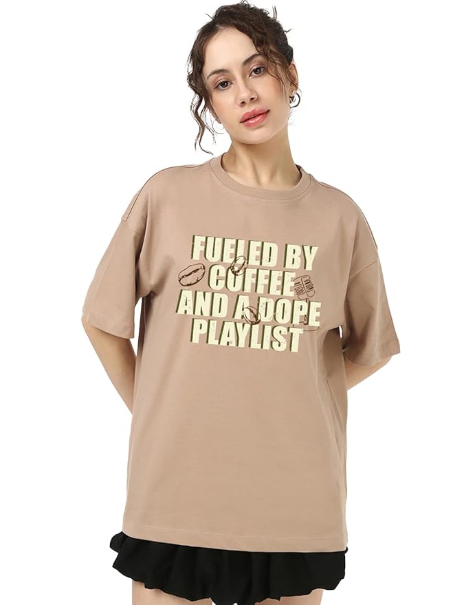 Bewakoof Women's 100% Cotton Graphic Print Oversized Fit Round Neck T-Shirt