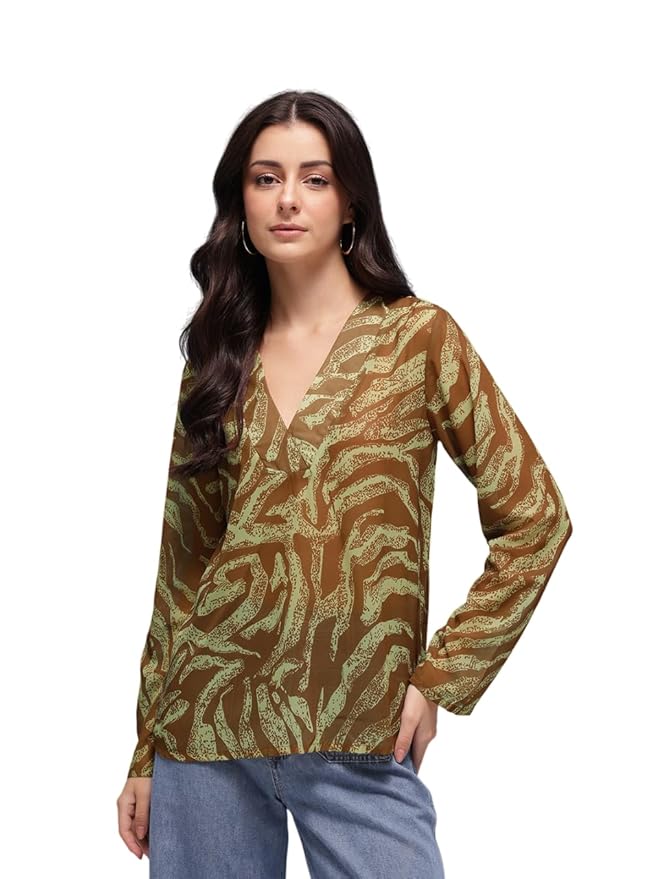 Amazon Brand - INKAST Women Leaf Print Full Sleeve V-Neck Tunic Top|