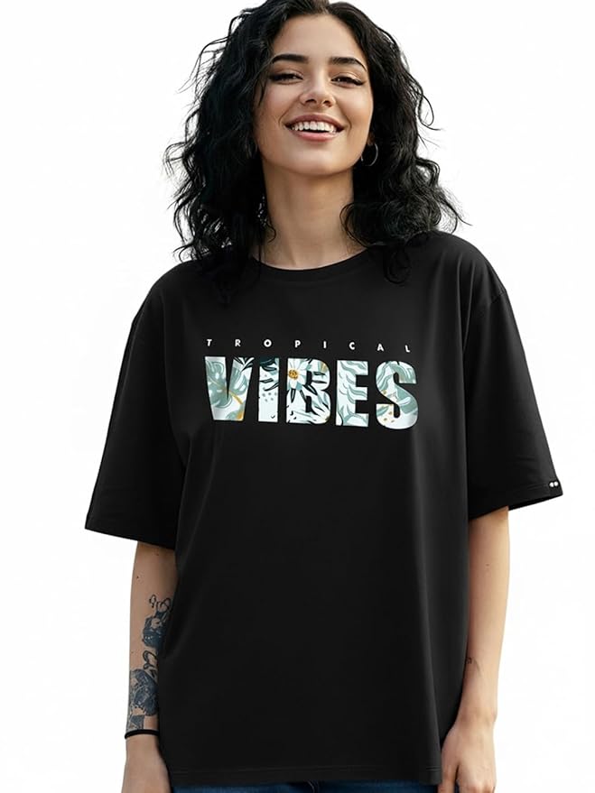 Bewakoof Women's Being Savage Graphic Printed Oversized Cotton T-Shirt Oversized Fit, Round Neck, Half Sleeves