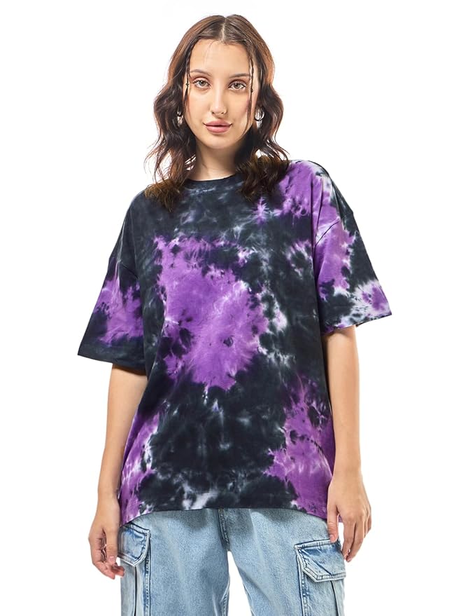 Bewakoof Women's Tie & Dye Oversized Fit Half Sleeve Round Neck Cotton Jersey T-Shirt