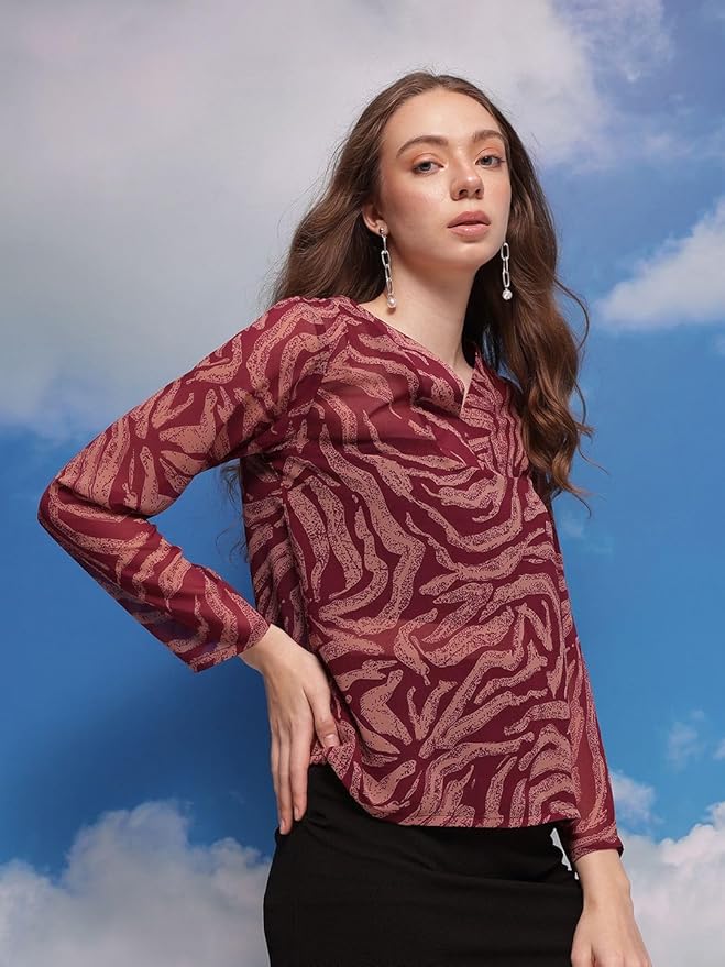 Amazon Brand - INKAST Women Leaf Print Full Sleeve V-Neck Tunic Top|